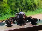 Wooden Handmade Coconut Shell Tea Cup Set With Teapot And Saucers
