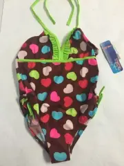 New Jump'N Splash Girl's brown hearts One Piece Swimsuit size 7/8