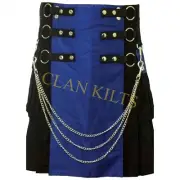 Handmade Black and Navy Blue Deluxe Hybrid Fashion Utility Kilt For Men
