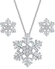 [Bling Jewelry] Holiday Party Winter Flower Christmas Jewelry Set Ice Blue CZ Accent Branch Snowflake Pendant Necklace Stud Earring For Women Teens .925 Sterling Silver