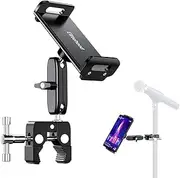 elitehood Dual Ball Head Aluminum Tablet Holder for Mic Stand, Adjustable iPad Mic Stand Holder, Side Mount Microphone Music Stand Phone Holder Mount for iPad, iPhone,4, 7-12.9in Tablets