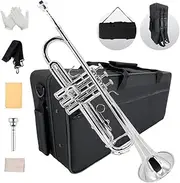 YoungMonic Bb Standard Trumpet Set for Beginners or students with Carrying Hard Case, 7C Mouthpiece, Cleaning Cloth and Gloves