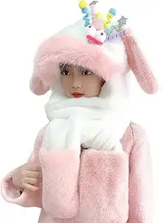 [Generic] Cute Bunny Hat With Moving Ears - Plush Hooded Scarf Winter Hat | Lovely Neck Warmer Head Cover Gloves Set For Cold Weather Ear Protection