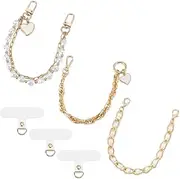 AHANDMAKER 3Pcs Phone Wrist Straps, 3 Styles Golden Alloy and White Imitation Pearl Beaded Mobile Chains with PVC Lanyard Tether Wristlet Charms for Cell Phone Wallet Earphones and Camera