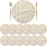 DEAYOU 12 Pack Gold Round Placemats, Pressed Vinyl Metallic Hollow Placemat for Wedding Accent Centerpiece, 15" Non-Slip Heat-Resistant Circle Dining Table Mat for Holiday, Christmas (Ginkgo Biloba)