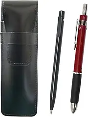 2 Pack Slim Cow Leather Pencil Case Black Ultra Fine Retractable Eraser Black and Triangle 3 Mecara Rubber Set Red ASBER15B-TR3M-R-2