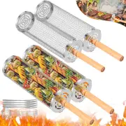 2 Set Stainless Steel Rolling Grilling Basket Wood Handle Even Heat GrillBasket[