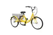 3-Wheel Adult Tricycle 7-Speed 26 Inch Trike Three Wheel Bike Large Load Capacity with Front/Rear Brakes Padded Seat Rear Basket Free Lock Yellow