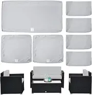 ClawsCover 7Pack Outdoor Seat and Back Cushions Replacement Covers Fits for 4-Seater 4Pieces Wicker Rattan Patio Conversation Set Sectional Couch Chair Furniture,Gray-Include Cover Only
