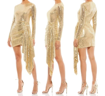 NWT MAC DUGGAL Draped Skirt Fitted Sequin Long Sleeve Mini Dress 10785 Gold SZ 6