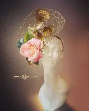 Golden Royal Ascot Hat Fascinator Kentucky Derby Hat Gold Pink Rose Flower Green