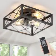 Caged Flush Mount Ceiling Fans with Lights and Remote, Black Square Low Profi...
