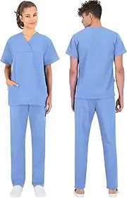 [B-well] Morelli 100% Cotton Unisex Scrub Set Slip-On Tunic + Slip-On Trousers Set Medical Doctor Uniform Cotton Top with Trousers Medical Work Wear