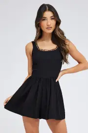 Black Playsuit Sleeveless Scoop Neck Corset Detail Lace - Size 6, Women's Playsuit