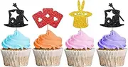 Magic Show Cupcake Toppers, Baby Shower Party Decor, Magic Hat & Rabbit & Poker Dessert Picks, Magic Themed Birthday Party Decoration - Red & Gold & Black Glitter