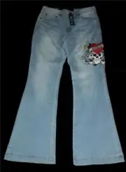 Ed Hardy Retro Blue Skull Crossbones Tattoo LOVE KILLS SLOWLY Jeans Wm's 32 NWT
