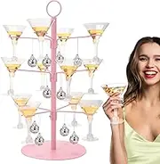 Rtteri Cocktail Tree Stand for Drinks with 12 Pcs Mirror Disco Ball Metal Drink Tower Champagne Tower 3 Tier Holds 12 Glasses for Champagne Martini Margarita Cups for Weddings Mimosa Bar Parties, Pink