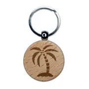 Palm Tree on Tropical Island Engraved Wood Round Keychain Tag Charm