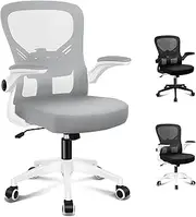[ALFORDSON] Ergonomic Office Chair Mesh for Home Office, Mid-Back Student Computer Study Desk Chair with Adjustable Flip-Up Arm & Lumbar Support, Gaming Racing Task Chair, Keldon White Grey