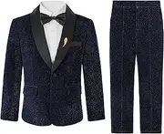 [LOLANTA] 4Pcs Boys Suits, Shiny Tuxedo Kids Glitter Blazer Pants Shirt Formal Dress Outfits for Christmas Wedding 5-12 Years