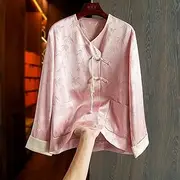 [JIMINISO] Shirt Women Satin Tang Clothes Qipao Tops Pink New Chinese Style Coat Long Sleeve Vintage Button Down Costume