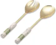 [Folkulture] Serving Spoons or Salad Servers for Modern Kitchen, Stainless Steel Serving Utensils - Spoon and Fork for Serving Salad, 12-inch Cooking Utensils Set with Marble Handle, Pearl White