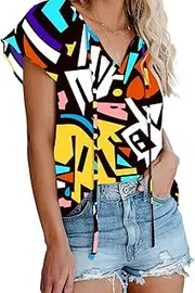 [AOISAGULA] Women's Chiffon Blouse V-Neck Top Short Sleeve Summer Top Floral Print Shirts Loose Tee with Band