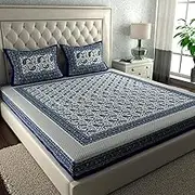Marusthali Jaipuri bedsheets King Size Cotton Rajasthani Bed Sheets Indian Cotton bedsheet bagru Print Bed Sheet Traditional Bed Cover 144 tc Bedspread 90 x 100 inches (Blue Paisley)