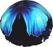Blue Butterfly Shower Cap Reusable Waterproof Shower Bonnet for Women Men Elastic Band Bath Hair Hat Double Layered Washable Bath Cap for All Hairstyles, Travel-Friendly