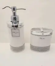 BELLA LUX Soap Pump Dispenser & Toothbrush Holder White Ceramic Rhinestone Set