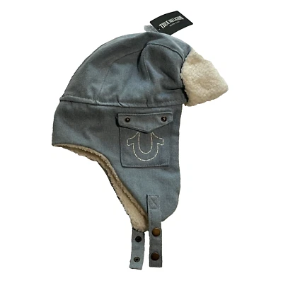 True Religion Men's One Size Blue Denim Trapper Hat 100% Cotton With Chin Strap