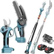 Electric Pruner Kit, Cordless Pruning Shears & 6 in Mini Chainsaw for Tree Trimming, Garden Secateur with Extension Pole and 2 x 3.0Ah Battery, for Hedge, Bush, Orchard