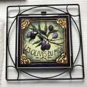 Vintage Giftco Metal & Ceramic Trivet Les Olives Du Midi Olive Graphics Green