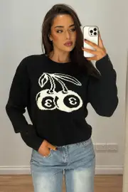 Black Cherry Knit Top Long Sleeve - Size 14L, Women's Crop Knitted