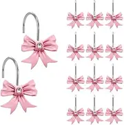 Grace Life 12PCS Decorative Shower Curtain Hooks - Pink Bow Knot Resin Rings for Bathroom, Baby Room, Nursery Art Decors