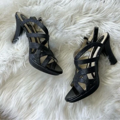 Naturalizer Black Glitter Strappy Open Toe Platform Heel Pumps