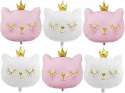 6 PCS Giant Cat Balloons Adorable Crown Kitty White Pink Cat Foil Balloons Kitten Cat Birthday Party Supplies for Cat Theme Party Wedding Theme Birthday Party