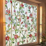 Windimiley Stained Glass Window Privacy Film: 3D Rose Floral Decorative Frosted Static Cling Bathroom Heat Control Sun Blocking Window Sticker Non Adhesive Door Covering(16.9 x 39.4 in,Red)