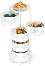 5 Tier Rotating Fruit Vegetable Basket Rack with Storage Shelves and Casters Circular Plastic Mesh Stand Shelf for Kitchen Organization (White)