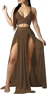 [Mintsnow] Women Sexy 2 Piece Outfits Dress Chiffon Strap Deep V Neck Bra Crop Top High Split Maxi Dresses Skirt Set
