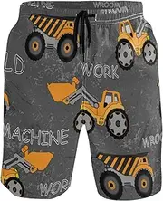 [GuoChe] Men's Novelty Beach Shorts Yellow Trucks Construction Machines Gray Quick Dry Beachwear Board Shorts Mens Swim Trunk
