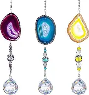 H&D HYALINE & DORA Pack 3pcs Suncatcher Hanging 30mm Crystal Ball with Agate Slices Wind Chimes Ornaments Decor for Window Home Garden