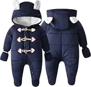 [BYFRI] Baby Boys Girls Snowsuit Winter Hooded Fleece Jumpsuit Newborn Warm Footed Coat Outerwear with Gloves 0-9M