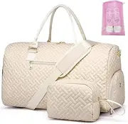 [BAVERGE] Duffle Bag for Travel, Weekender Bag with Shoe Compartment, Carry On Overnight Bag for Women with Toiletry Bag, 50L Gym Bag with Wet Pocket, Hospital Bags for Labor and Delivery, Beige, Style1