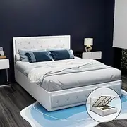 Artiss Double Bed Frame Platform Tufted Headboard Frames Gas Lift Beds Base with Storage Space Bedroom Room Decor Home Furniture, Upholstered with White Faux Linen Fabric + Foam + Wood