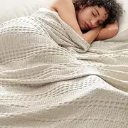 PHF Cooling Waffle Blanket Queen Size, Lightweight 60% Rayon Derived from Bamboo & 40% Cotton Breathable Blanket for Hot Sleepers, Soft and Luxury for Bed Couch and Sofa, 90"x90", Linen