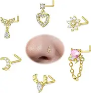 [AVYRING] Gold Nose Ring Stud Dangle Nose Studs L Shape for Women Stainless Steel CZ Heart Moon Flower Nose Piercing Jewelry 18g 20 g