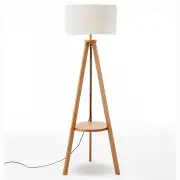 Natural Wooden Tripod Floor Lamp w/ Round Wood Shelf + Off White Linen Shade