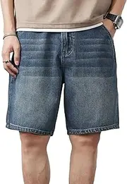 [Gsywaipei] Denim Shorts Retro Pocket for Men Casual Relaxed Fit Vintage Jean Short Classic Straight Washed Jeans Half Pants, Blue 4, 29