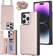 Cavor Wallet Crossbody for iPhone 14 Pro Max Phone Case with Long Shoulder Lanyard Strap Credit Card Holder Magnetic PU Leather Protective Handbag Zipper Purse Kickstand Cover Women Girl-Pink
